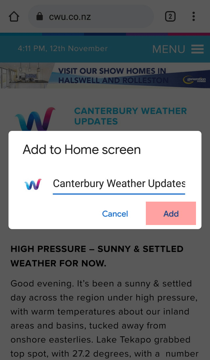 Add CWU to homescreen - Android - Step 3